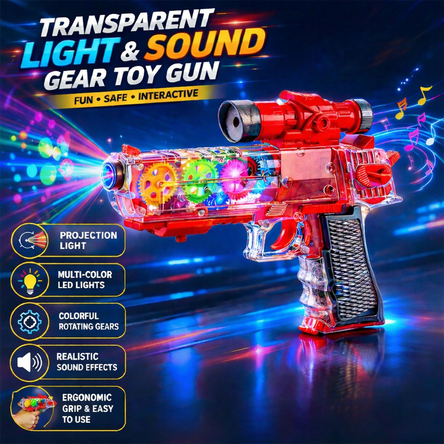 Close-up of transparent gear gun showing colorful moving gears