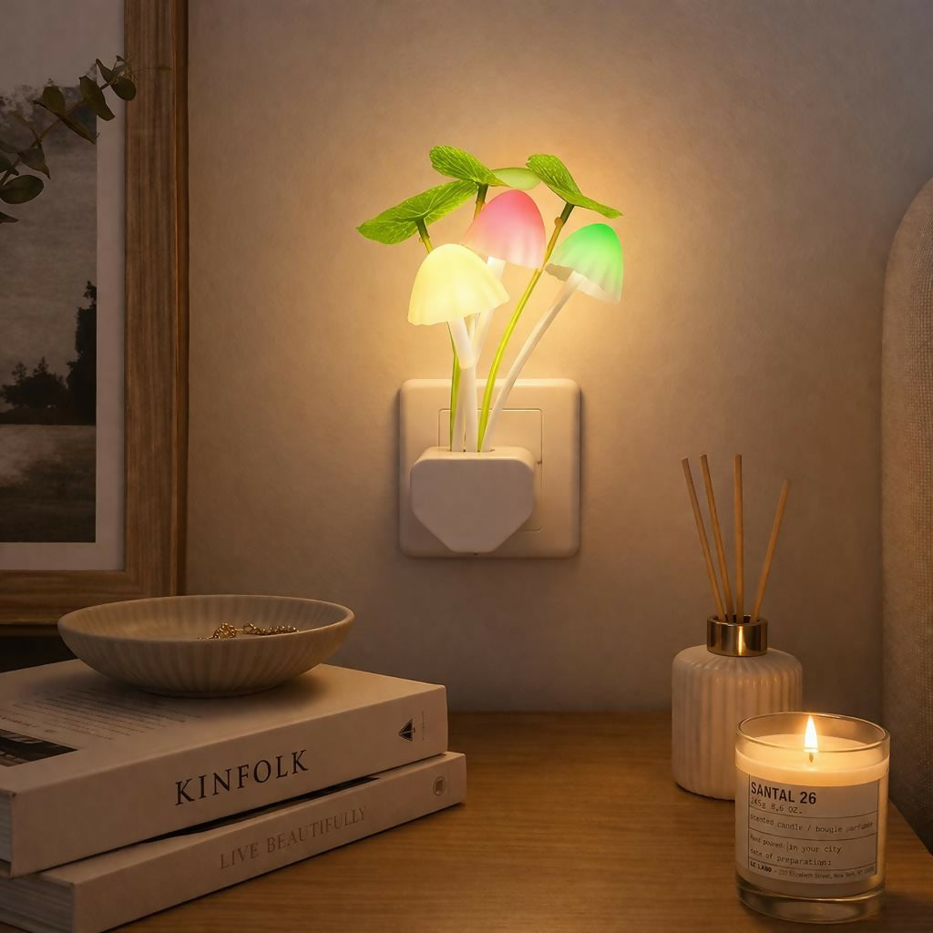Mushroom LED night light with soft glow on white background