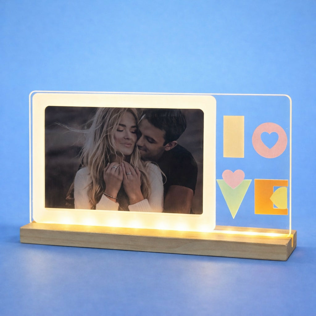 Romantic LED photo frame lamp on wooden base
