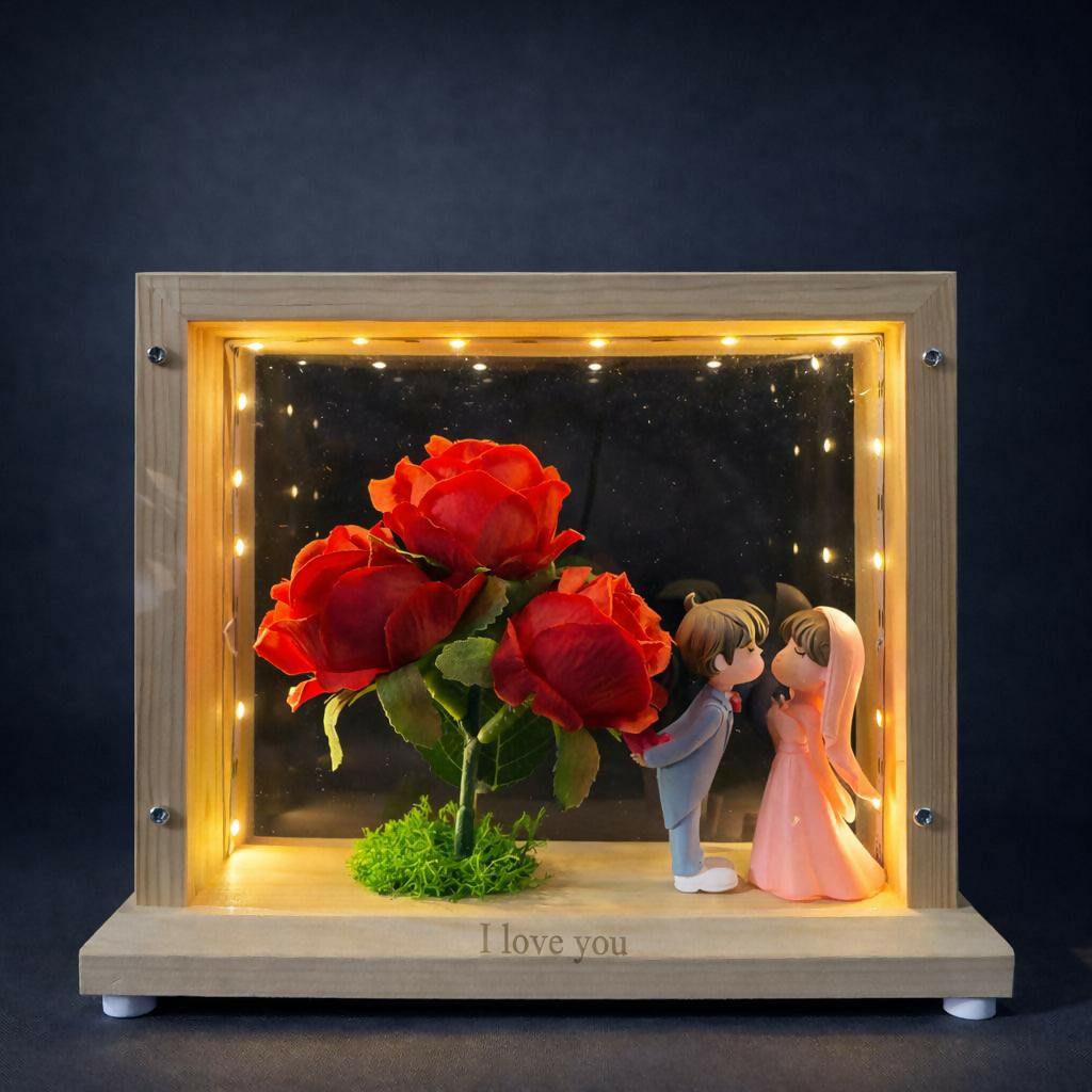 LED Wedding Couple Showpiece with Flower Frame | Decorative Table Lamp (Design may vary)