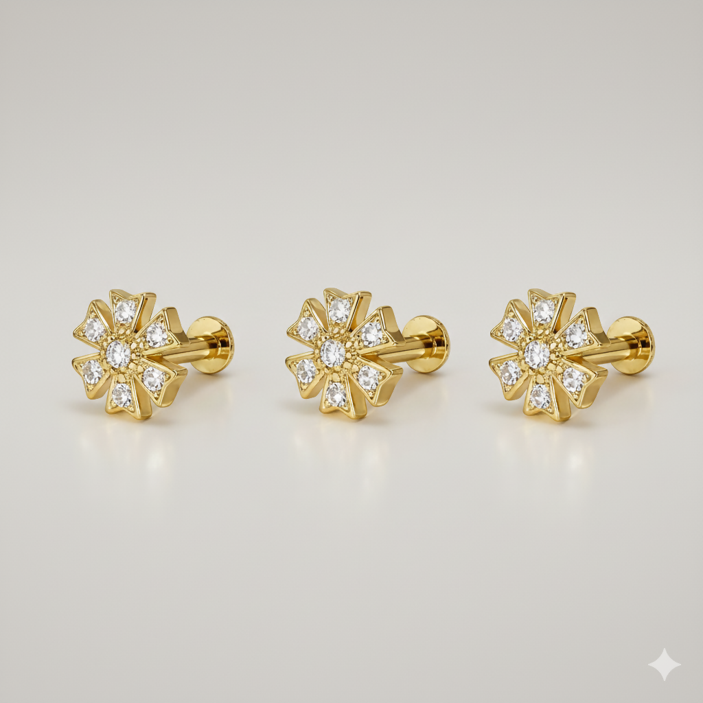 Elegant gold floral diamond stud earring combo pack perfect for helix and conch piercings