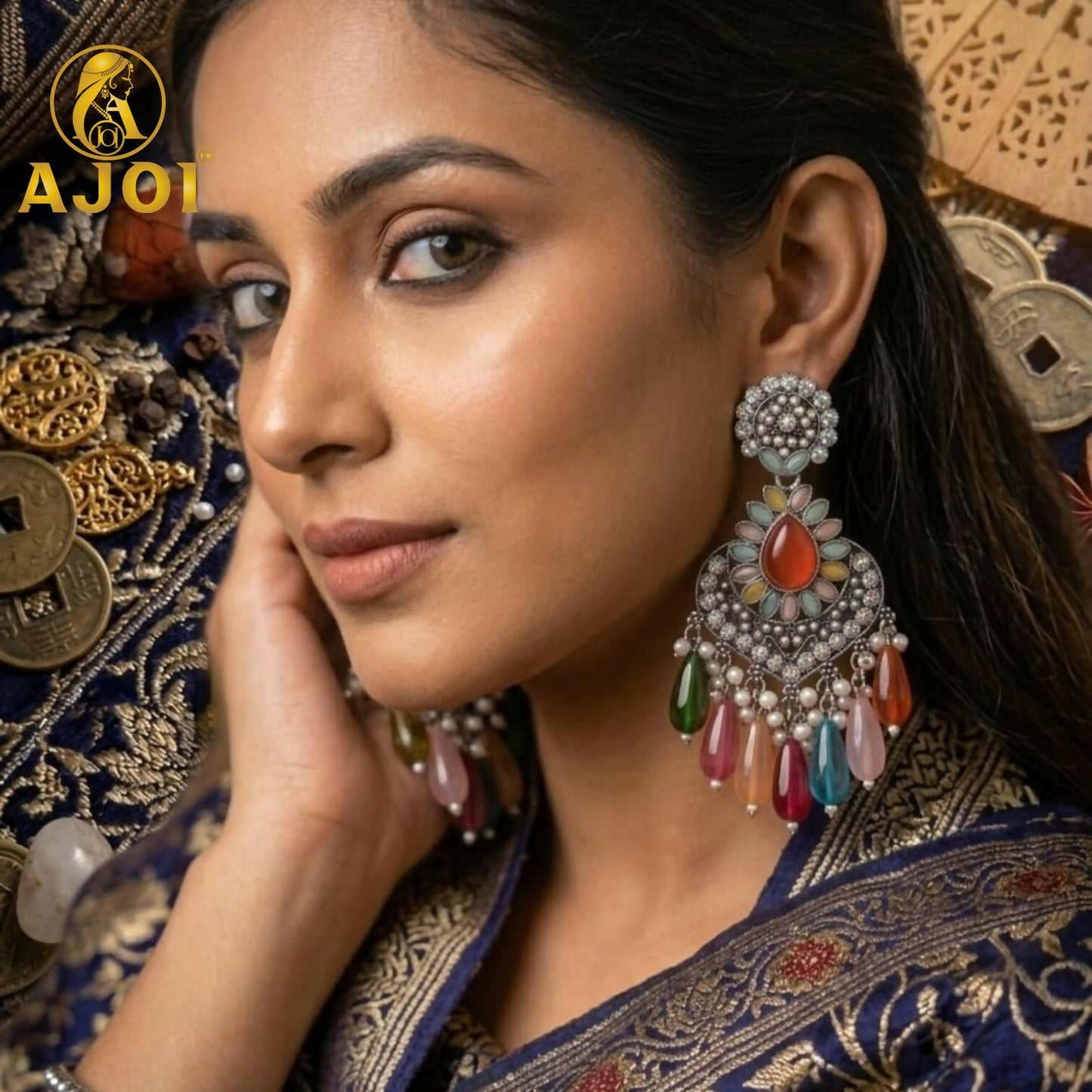 Oxidized Teardrop Earrings with Multicolor Beads & Pearl Tassel Drops