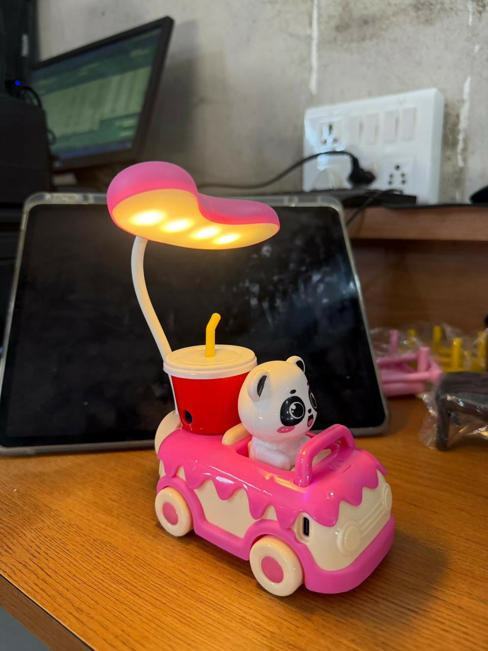 Pink Cute Panda Car LED Desk Lamp with Pen Holder Kids Study Table Light