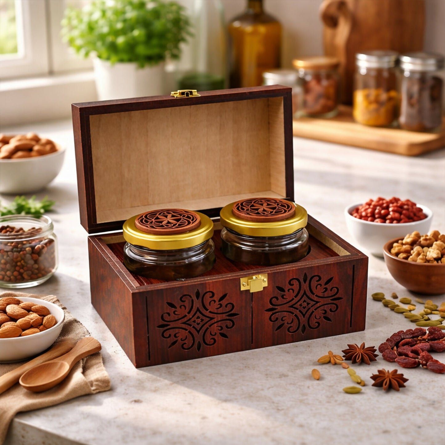 Close-up of wooden box latch and detailed carved wooden patterns with airtight glass jars inside