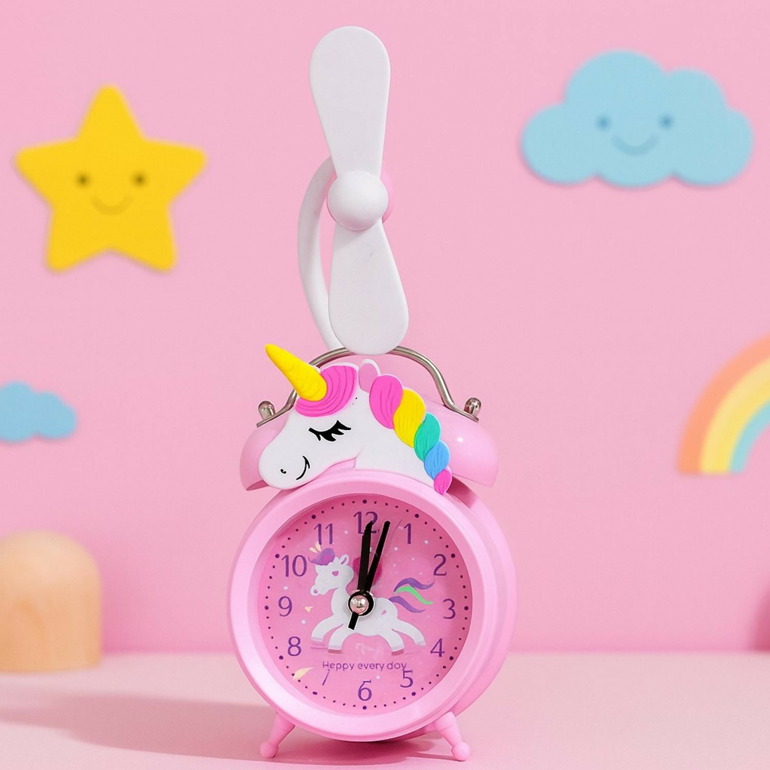 Unicorn Design Pink Alarm Clock with Cute Fan | Kids Table Clock with Night Light & Cartoon Unicorn Theme | Silent Quartz Movement, Battery Operated Bedside Clock for Girls Bedroom & Gift