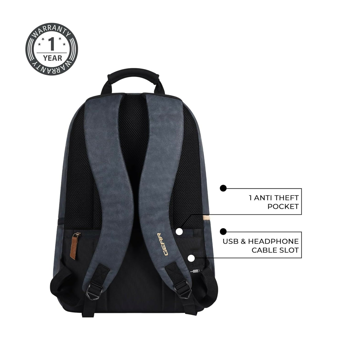 GEAR Laptop Back Pack Classic Faux Leather Navy Blue Tan