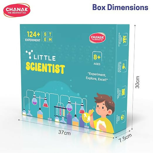 A teal box for the Little Scientist kit is shown with its dimensions: 37cm length, 30cm height, and 7.5cm width.