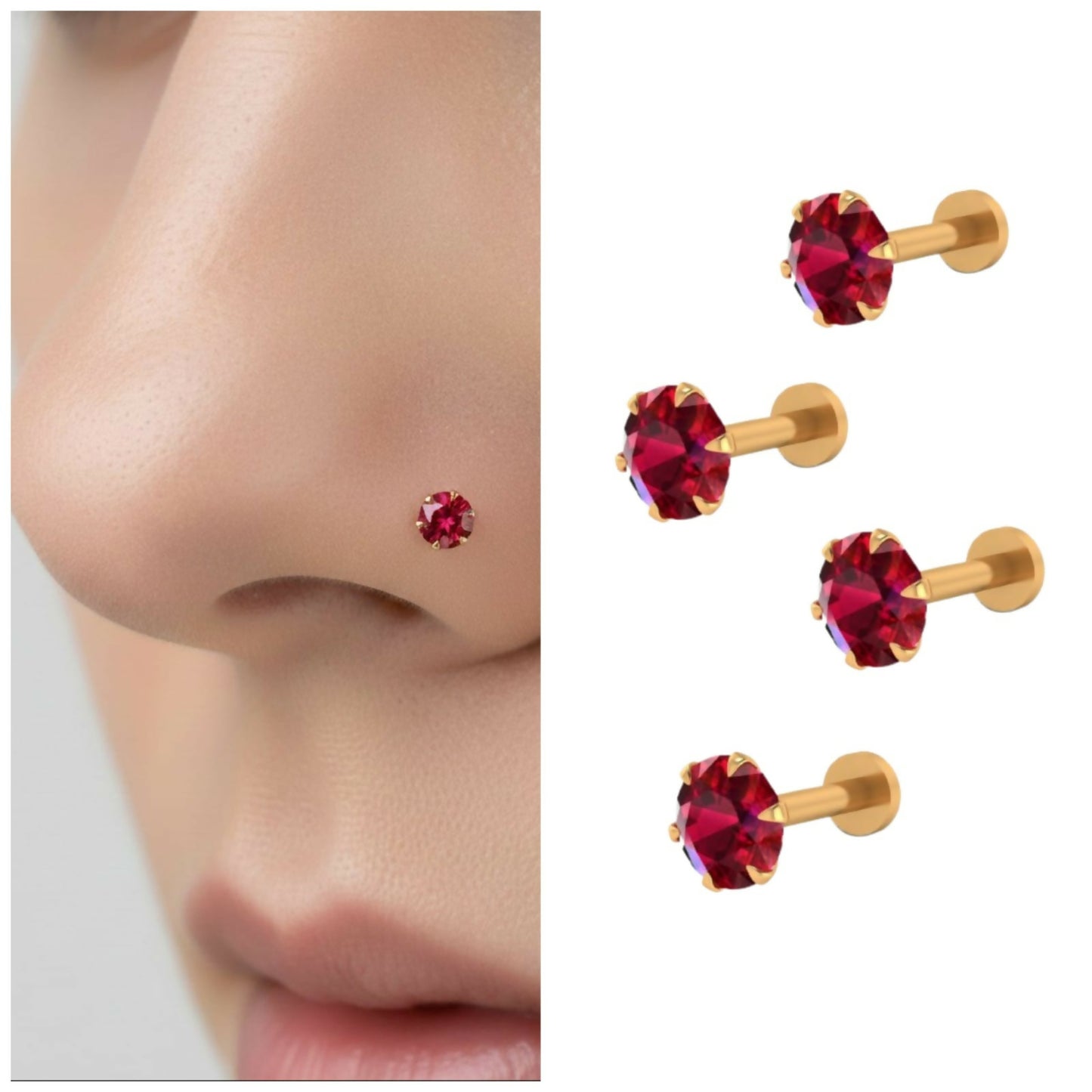 Pack of 4 gold plated ruby nose studs with flat-back labret posts on white background