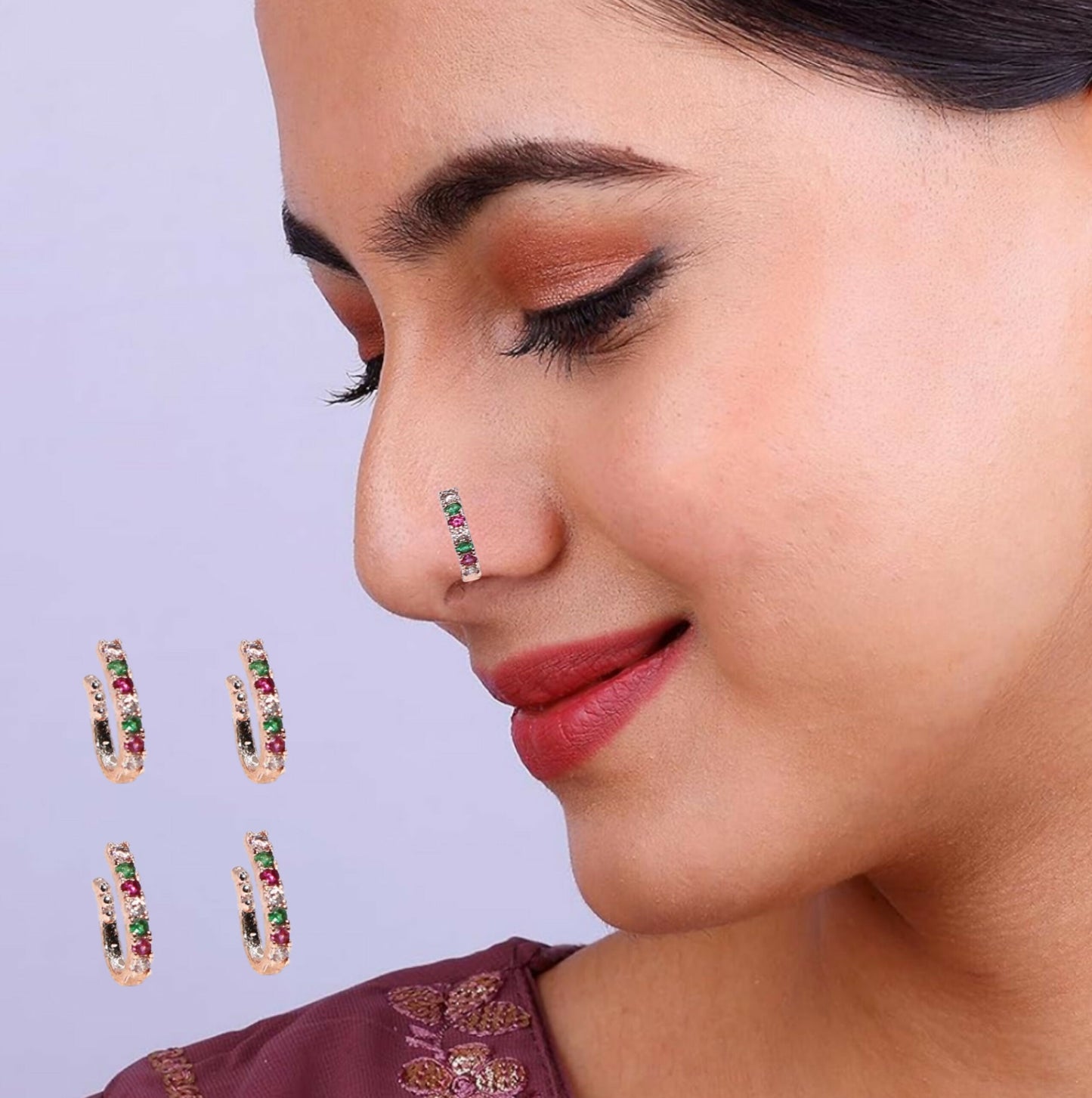 Non-Piercing AD Pave Nose Cuff | Multi-Color Stone Set Combo Pack of 4