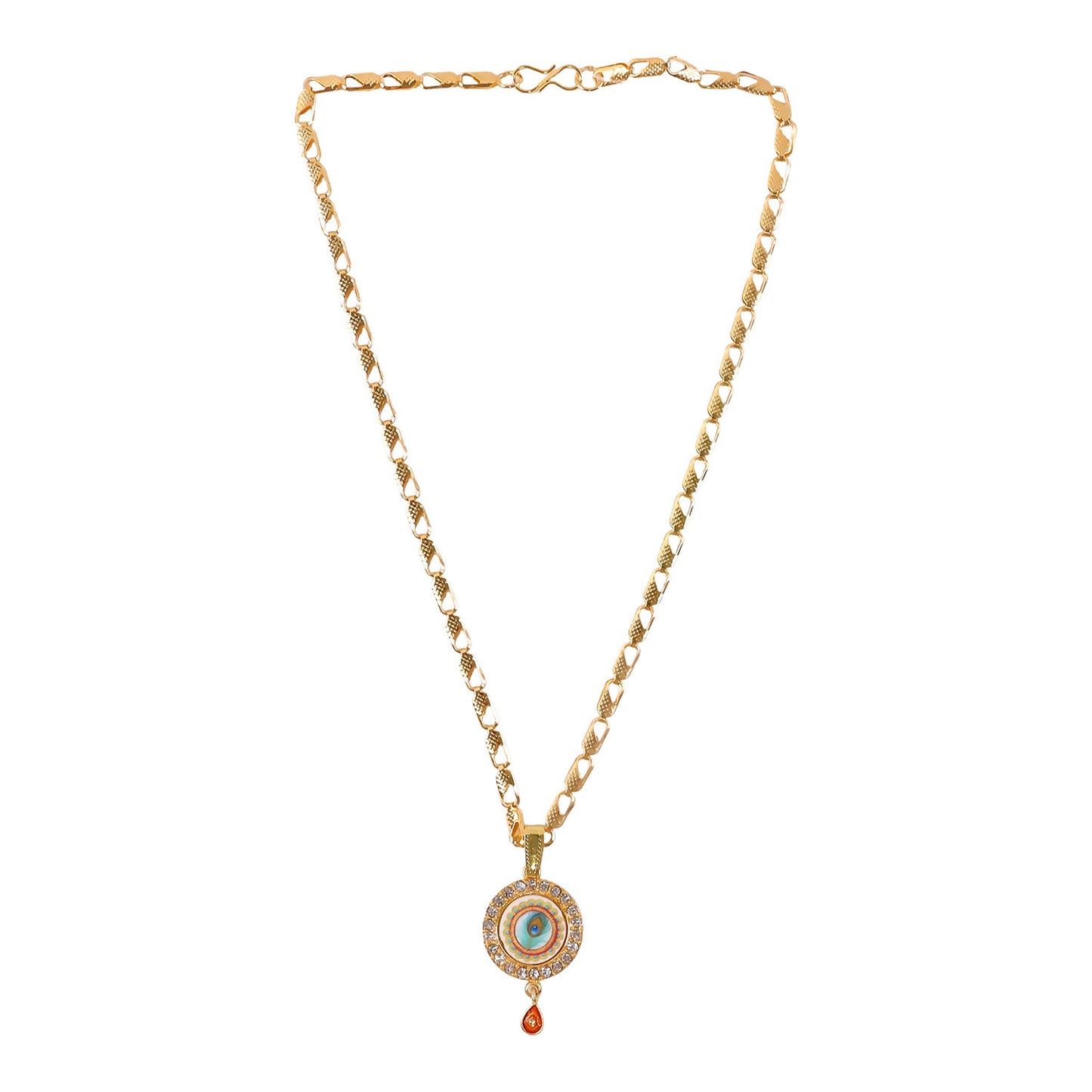 Gold Plated Evil Eye Pendant Necklace with Morpich Crystal Border