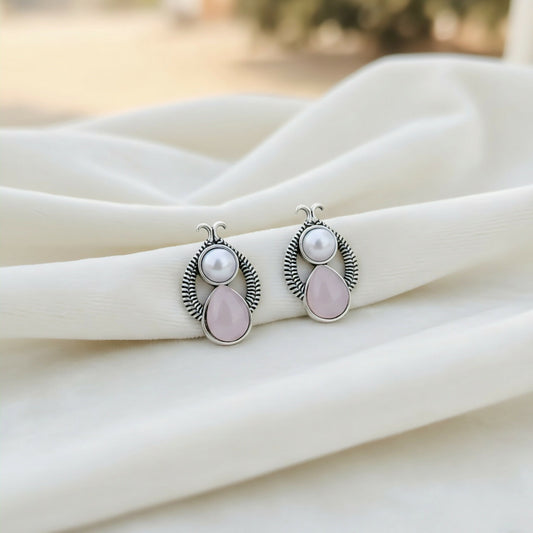 The Rose & Pearl Duet: Vintage-Finish Silver Drop Studs earrings
