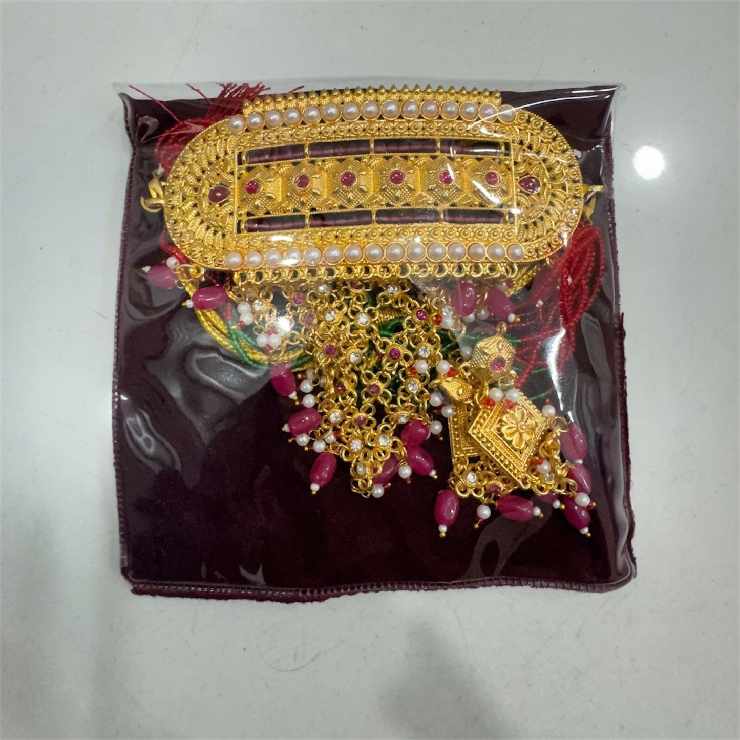 Handcrafted Rajasthani Rajwadi Aad with Ruby Latkan & Pearls with Earrings for Women & Girls