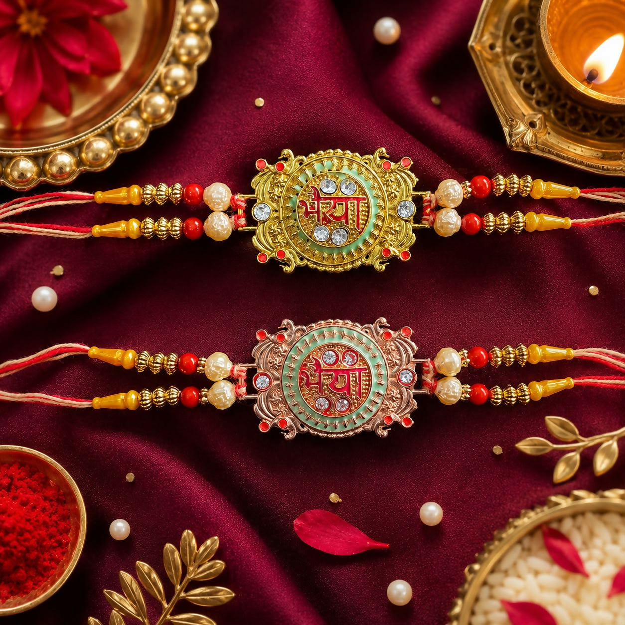 Two ornate Rakhis on a deep red fabric, one gold with green enamel, the other rose gold with pink, surrounded by pearls and