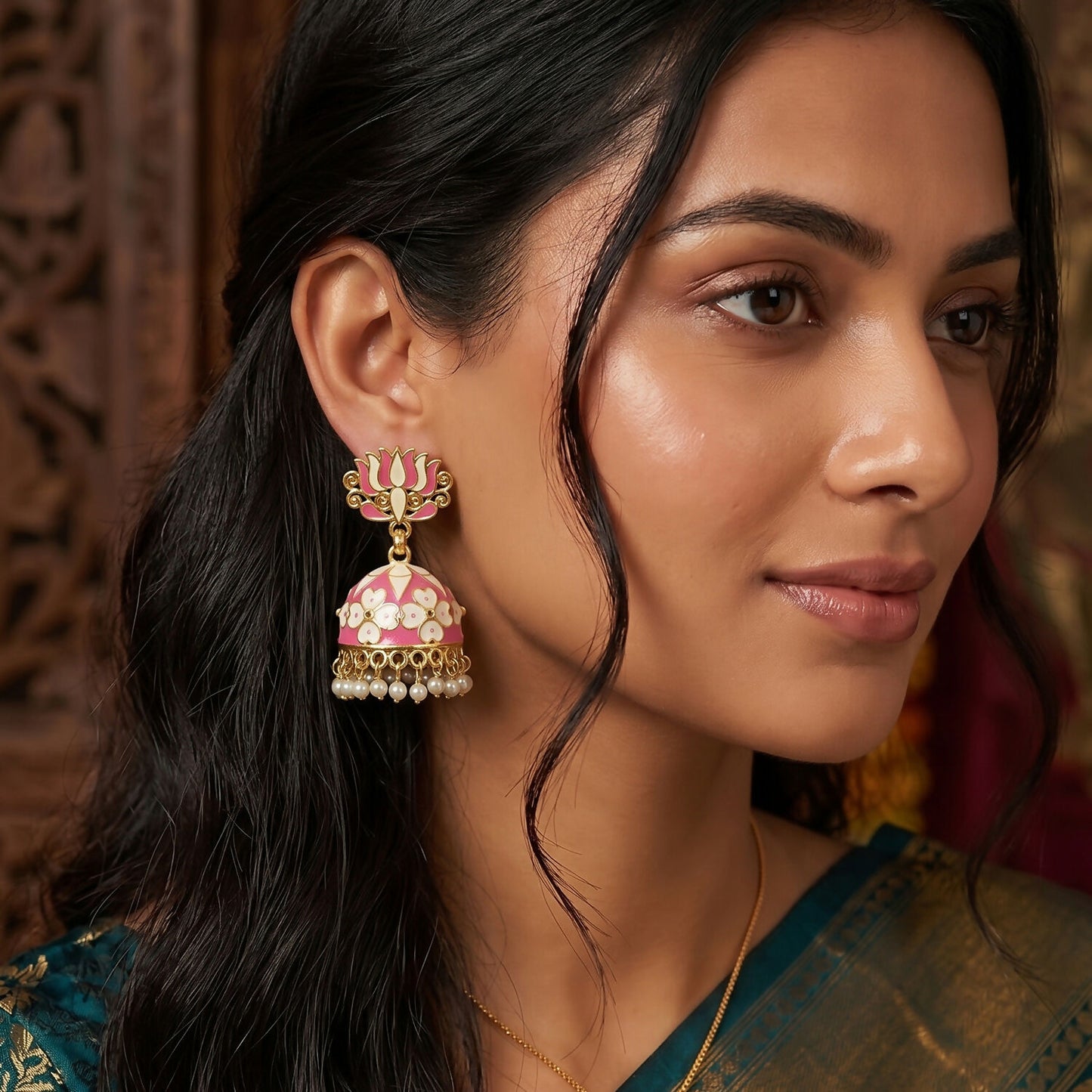 Golden finish lotus jhumka earrings with pearl beads