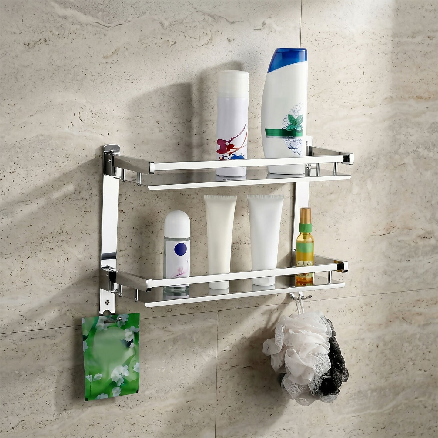 Stainless steel 2-layer bathroom rack with wooden shelves