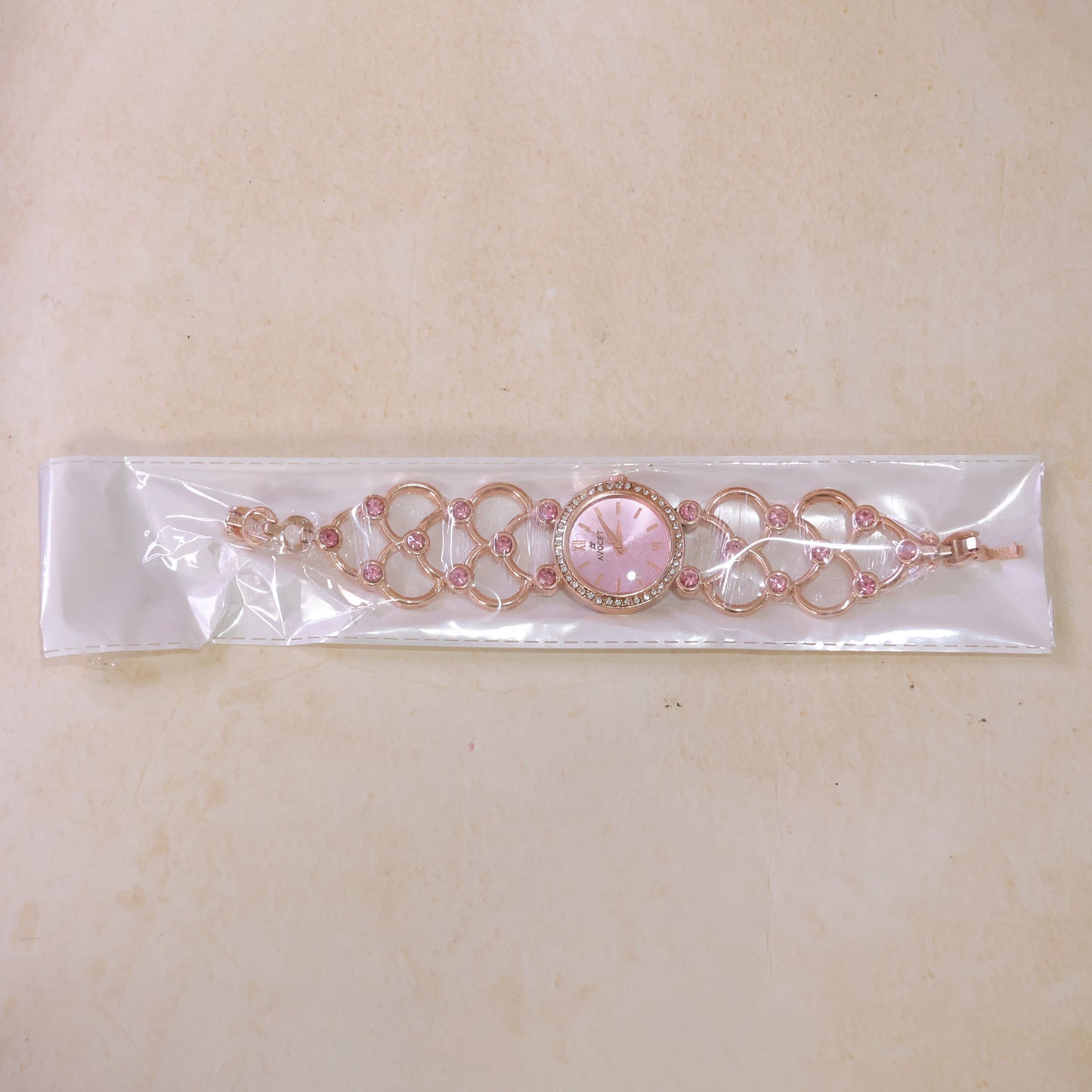 Rose Gold Round Shape Dial Watch with Crystal Bracelet Style Strap for Women