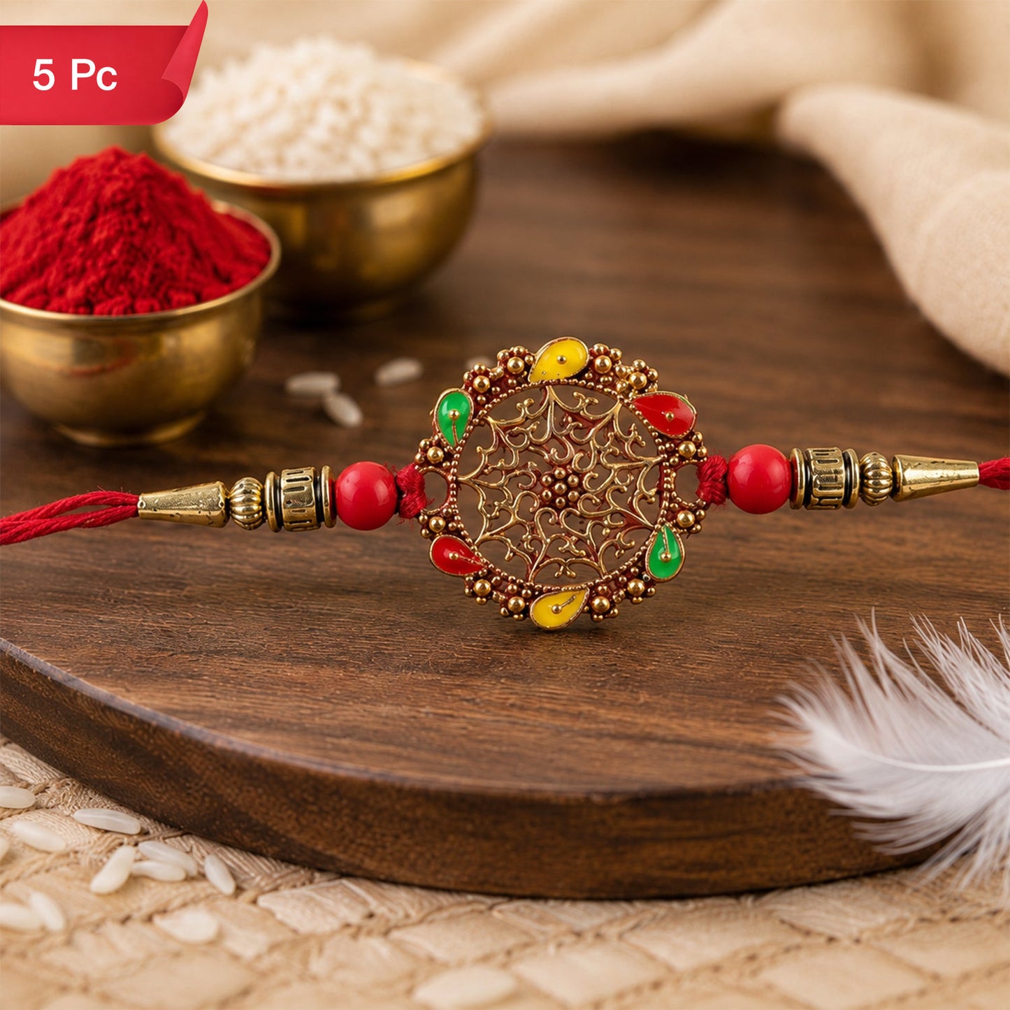 Circular Rakhi with Multicolor Accents, Elegant Raksha Bandhan Gift (5pcs)