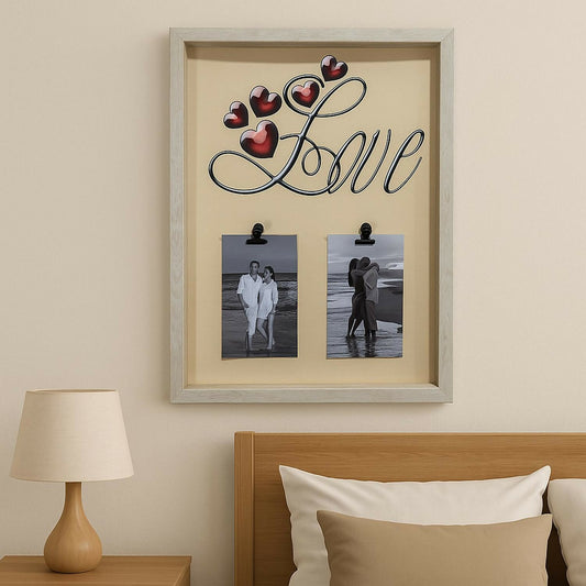 Luxury Wooden Love Photo Frame with Clips for 2 Photos – Wall Hanging Decorative Picture Frame with Love & Heart Design for Bedroom, Living Room, Gift for Couples, Anniversary & Valentine’s Day