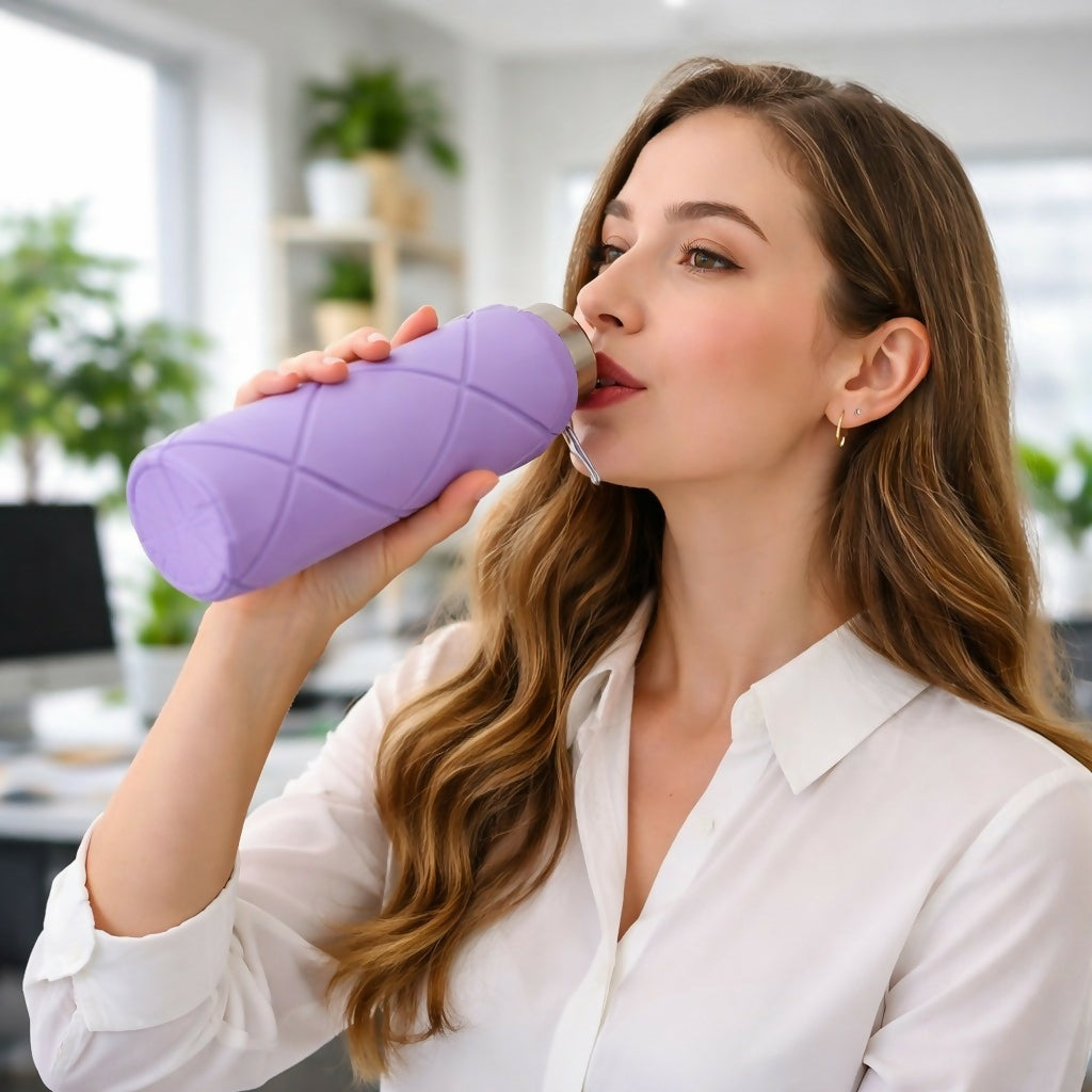 Purple Collapsible Silicone Water Bottle 600ml Leakproof Travel
