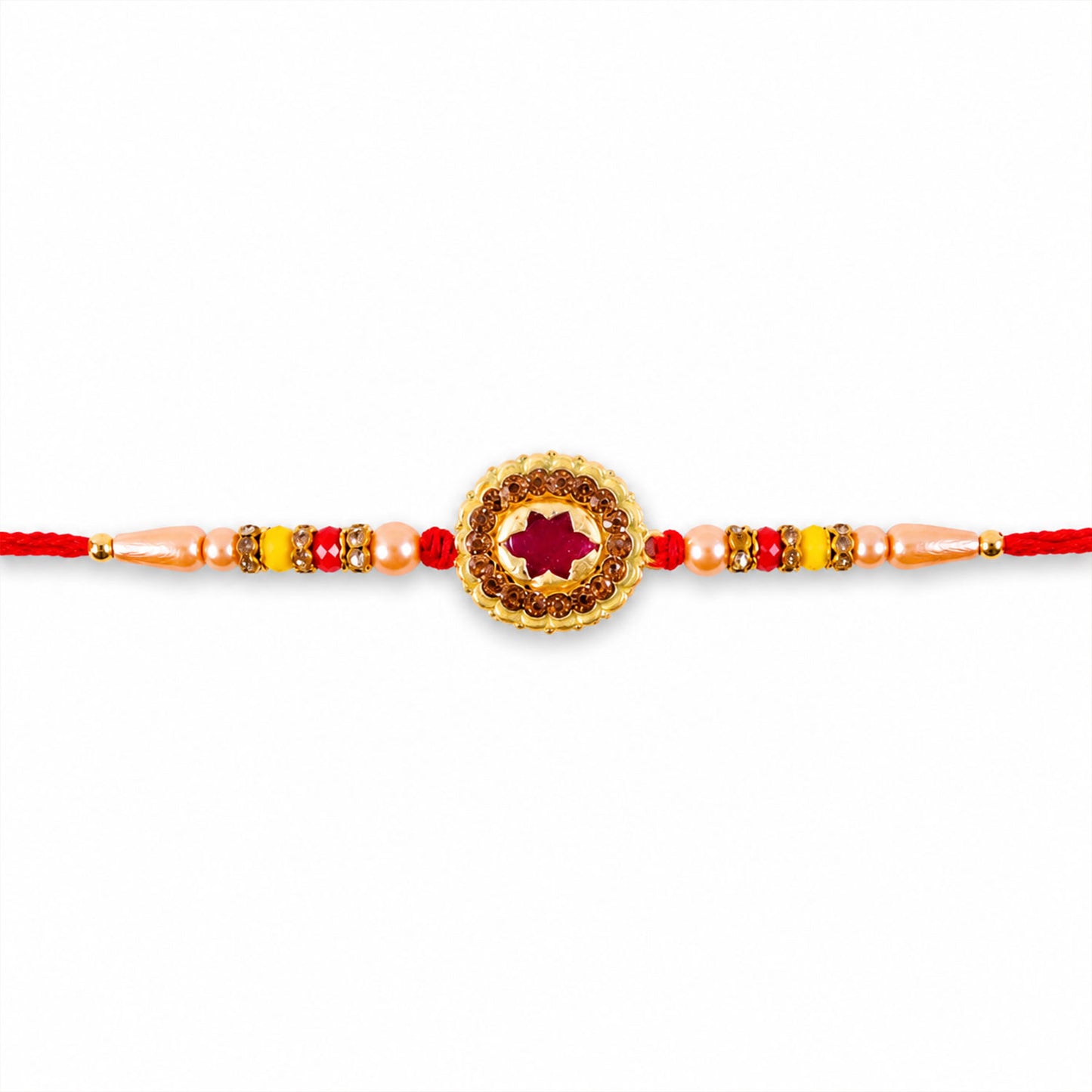 Antique Gold Maroon Star Floral Rakhi for Brother with Pearls & Beads