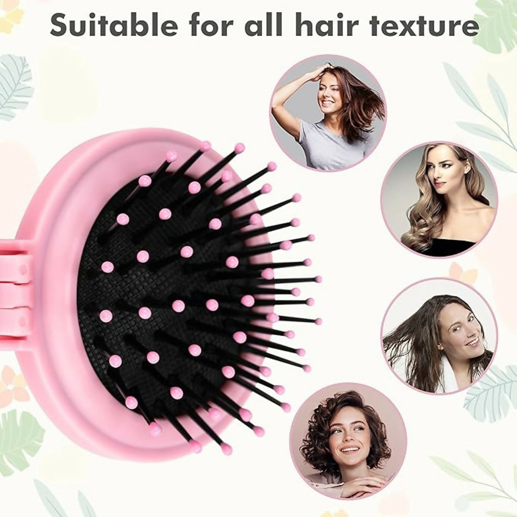 Foldable Hair Brush with Mirror Compact Travel Hair Comb for Women & Girls(COLOR MAY VARY)