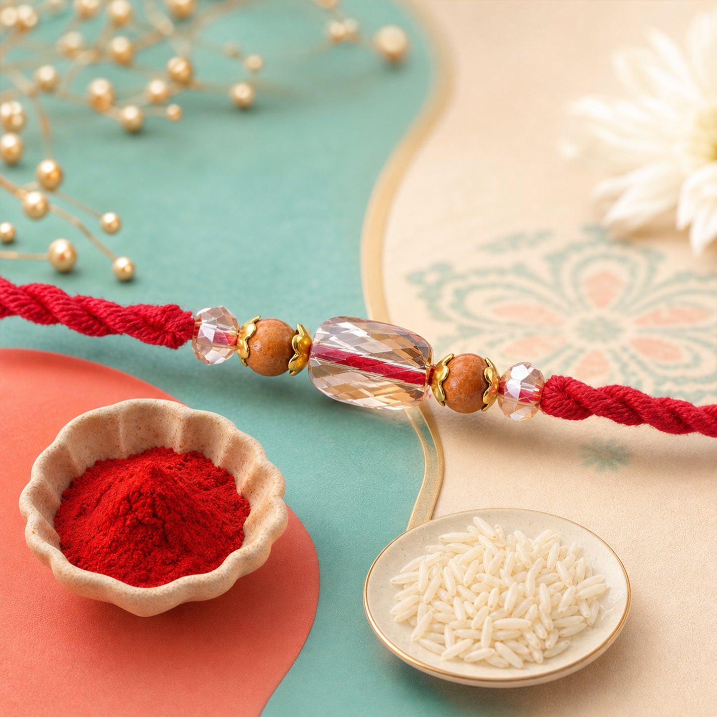 Red Thread Rakhi with Wooden and Sparkling Crystal Bead Pendant