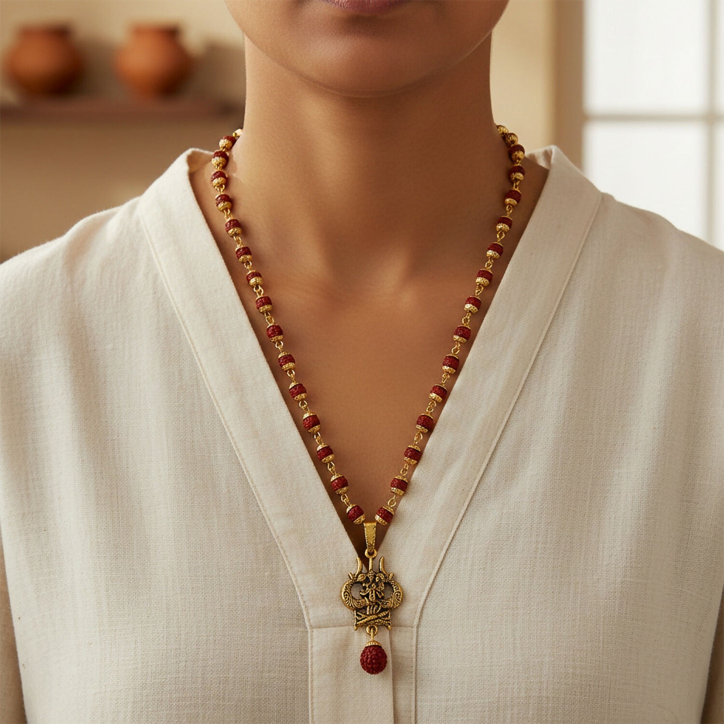 Rudraksha Hanuman Trishul Pendant Gold Beaded Necklace