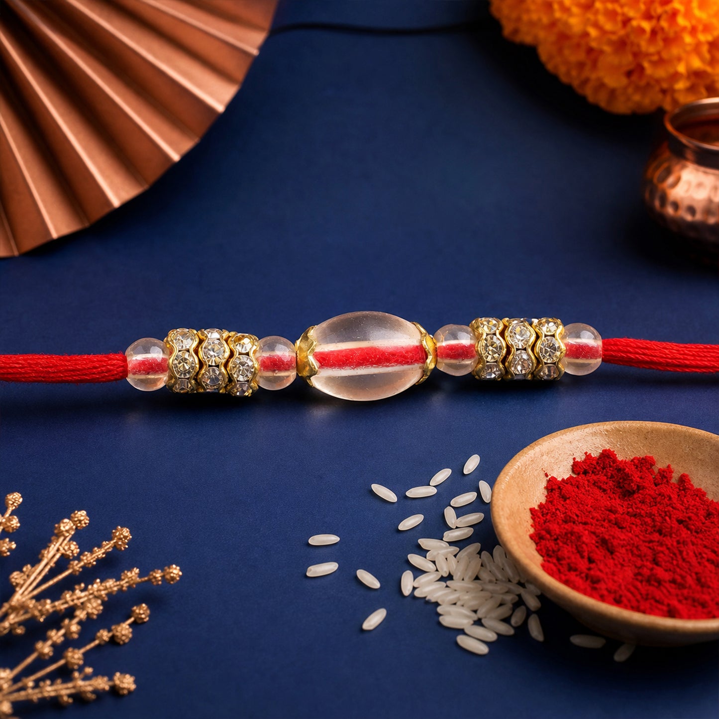 Red Thread Rakhi with Oval Crystal Bead Pendant and Golden Finish