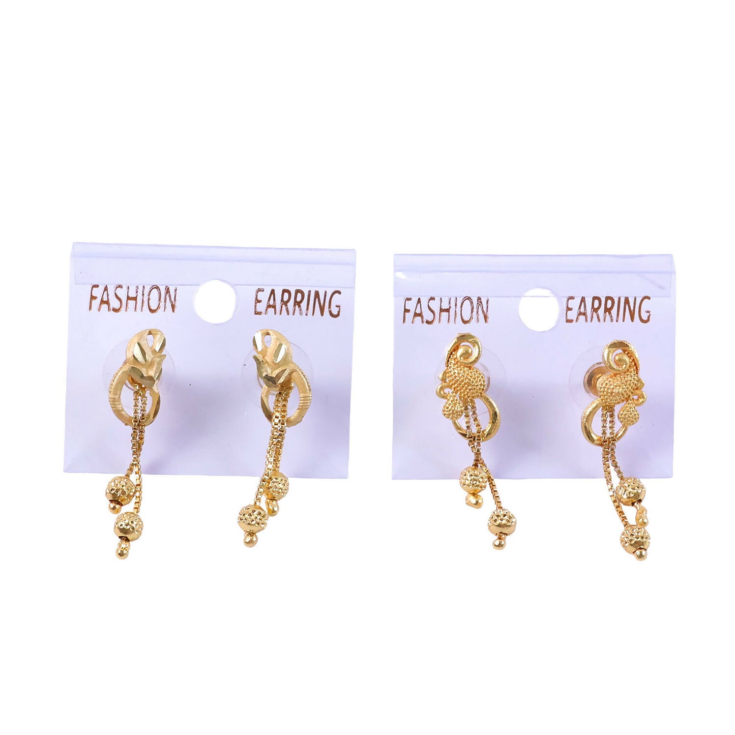 Chic Gold Chain Drop Earrings with Triple Hanging Beads and Sculpted Top Deign (2 Pair)