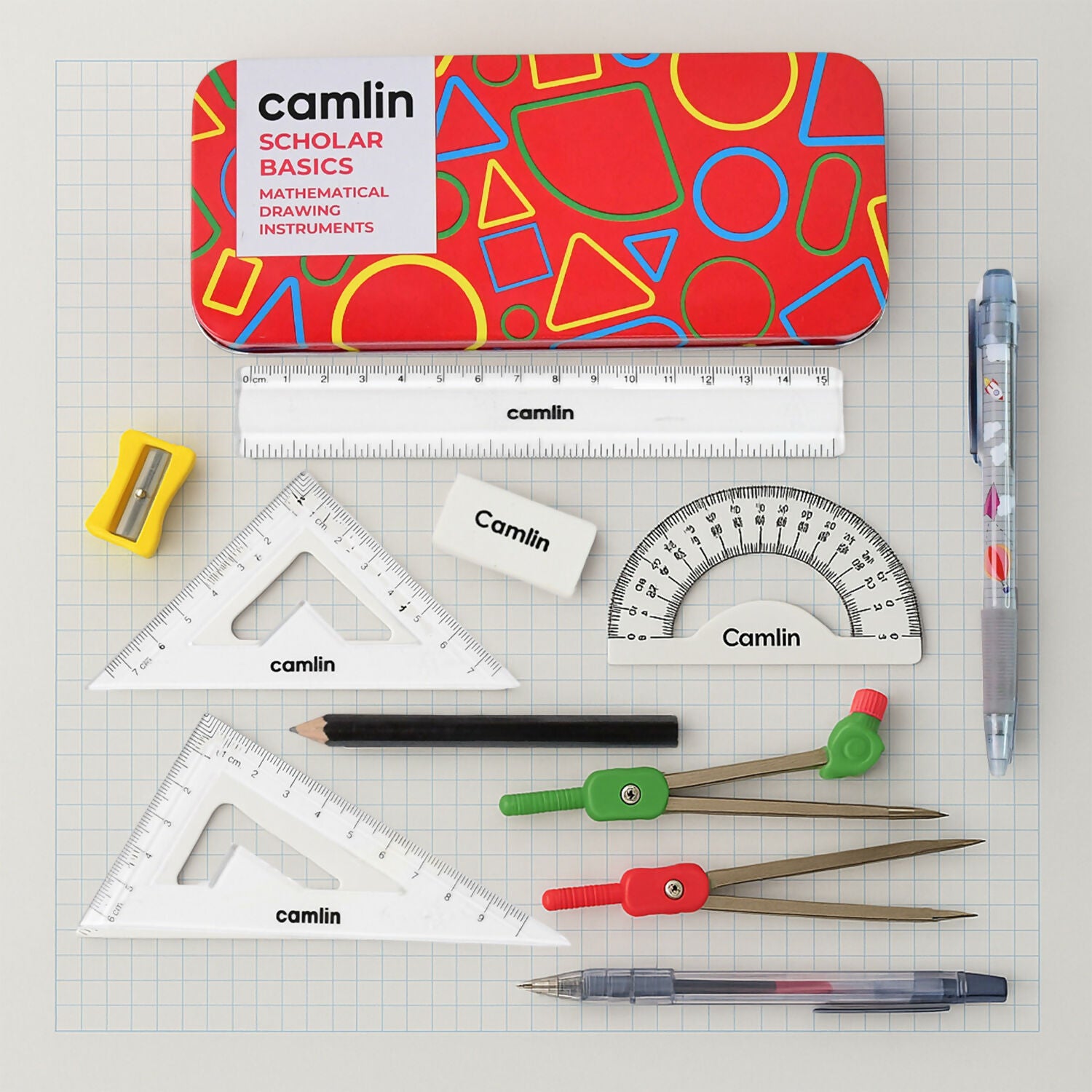 Camlin Scholar Basics Mathematical Instruments Geometry Box – Complete School Compass & Ruler Set