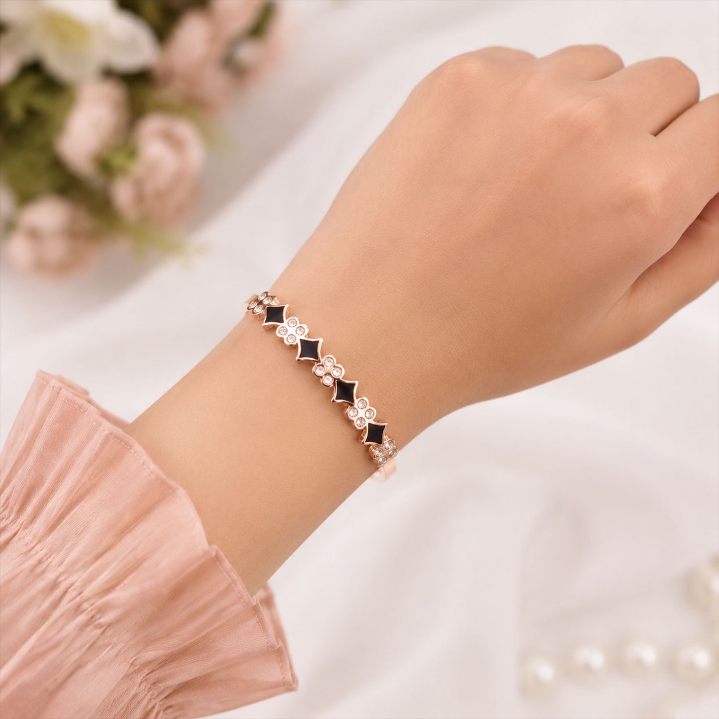 Rose Gold Watch with Square Shape Dial Bracelet Design and Black Stone Details