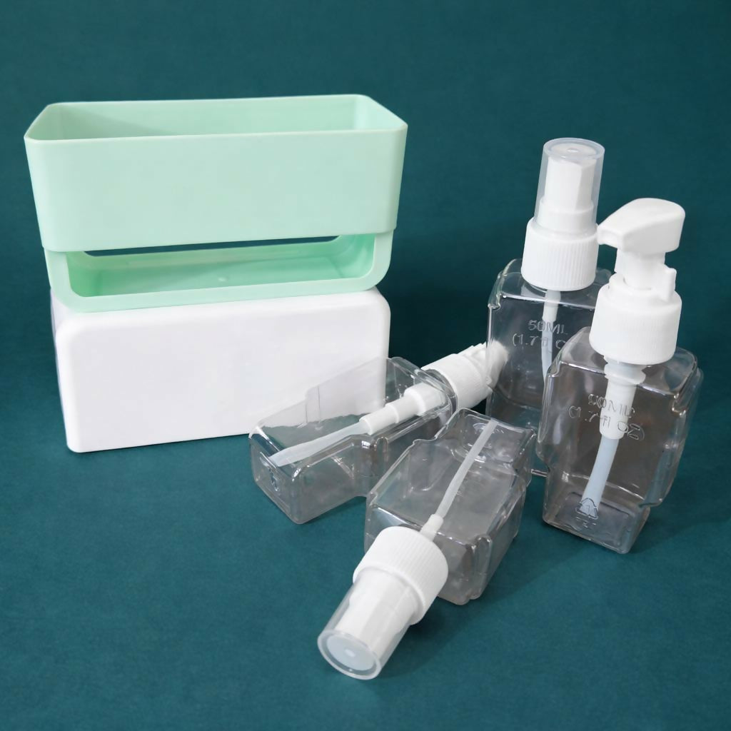 Green Travel Refillable Bottle Set with Storage Case and Dispenser Kit