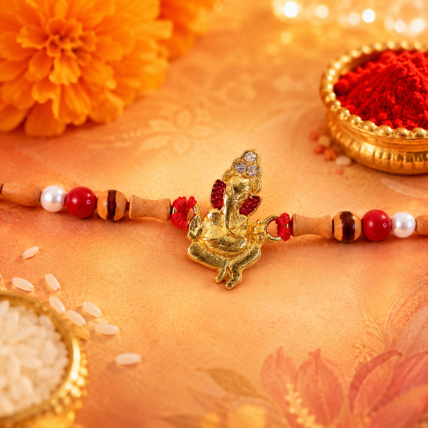 Gold Ganesh Charm Rakhi with Wooden Beads and Pearl Accents