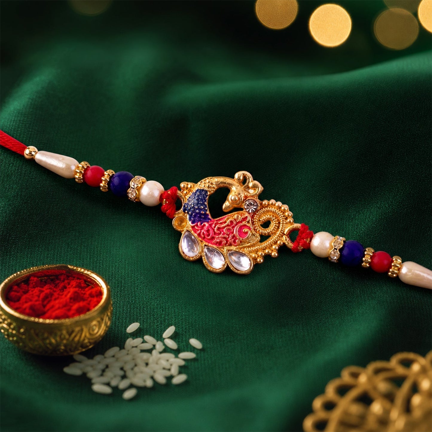 Peacock Kundan Beaded Designer Rakhi with Pearl Detail Work (5pcs)