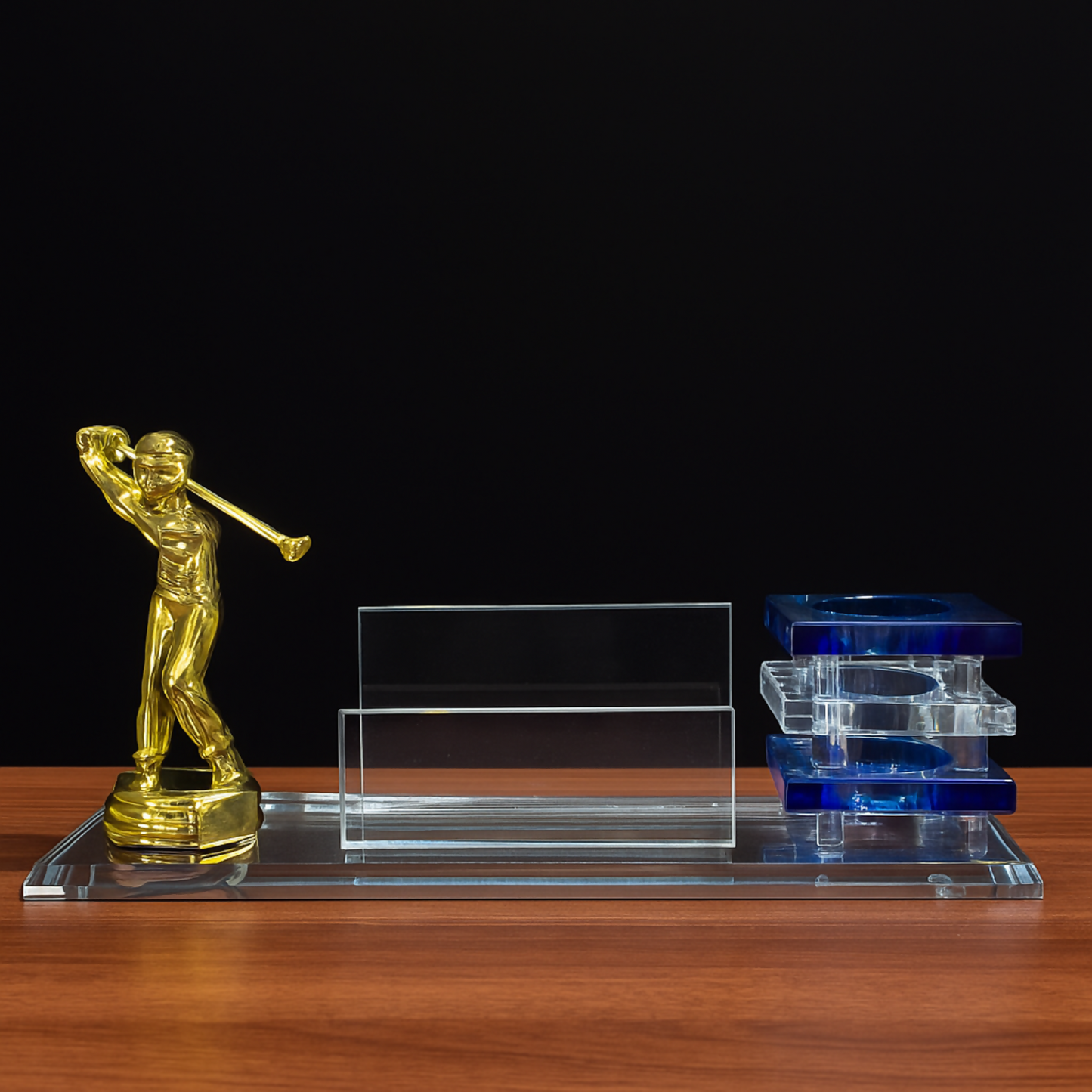 Elegant Golf-Themed Acrylic Pen Stand and Visiting Card Holder Set with Blue Crystal Base and Golden Golfer Figurine – Premium Office Desk Organizer and Corporate Gift for Professionals