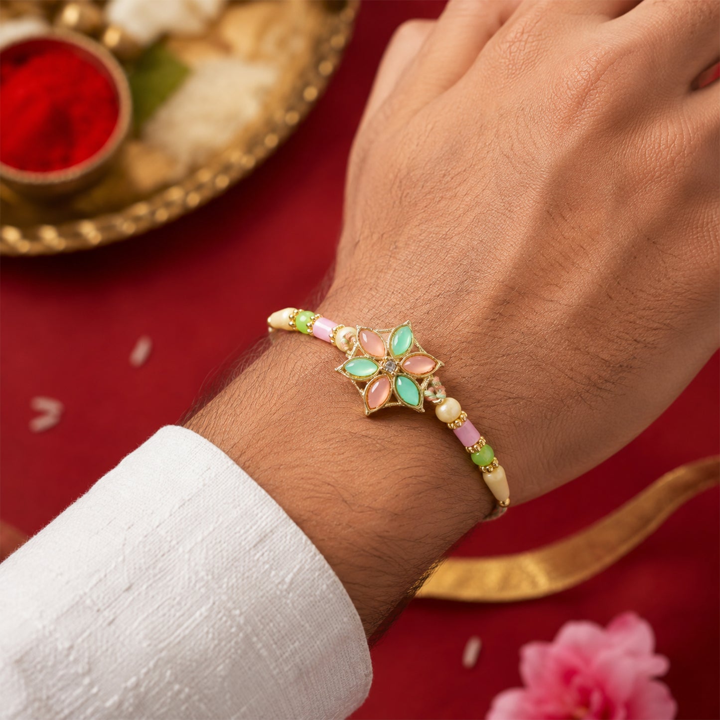 Multicolor Floral Enamel Pendant Rakhi with Pastel Beads