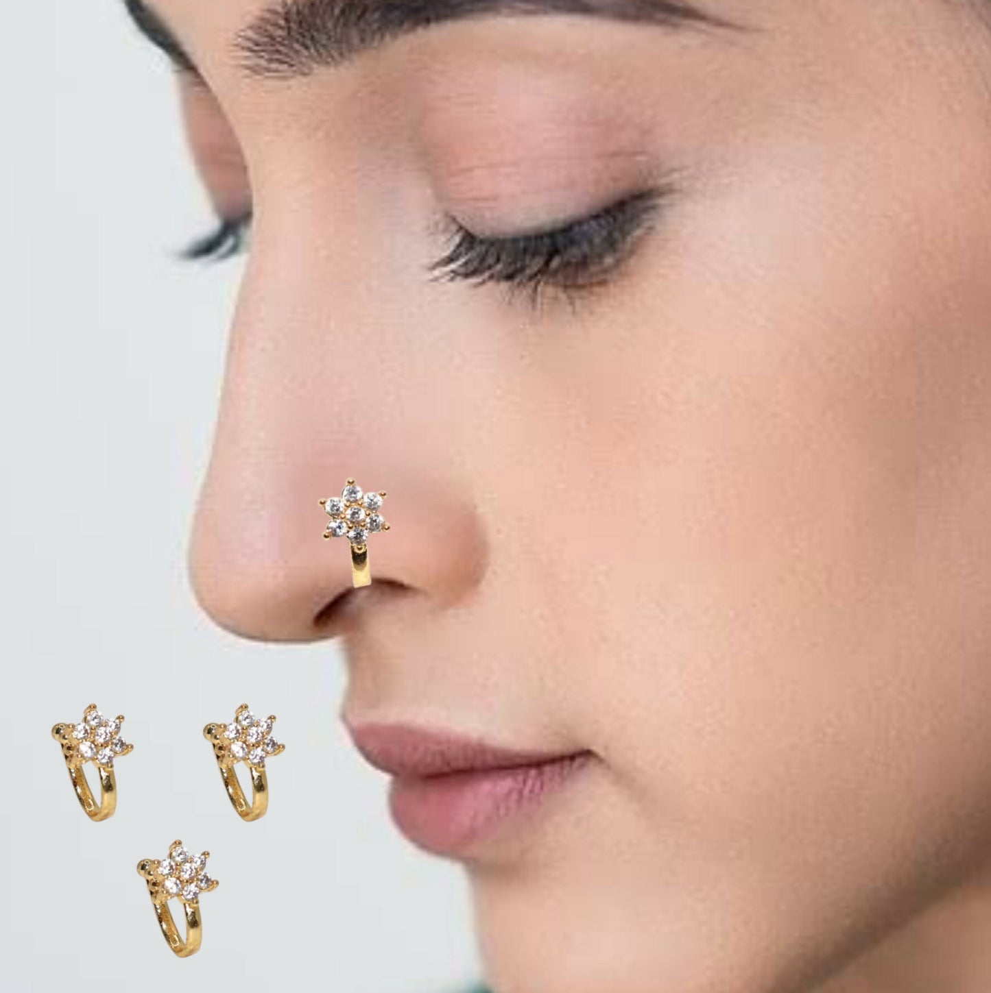 Non-piercing CZ nose clip in silver tone with clear stones