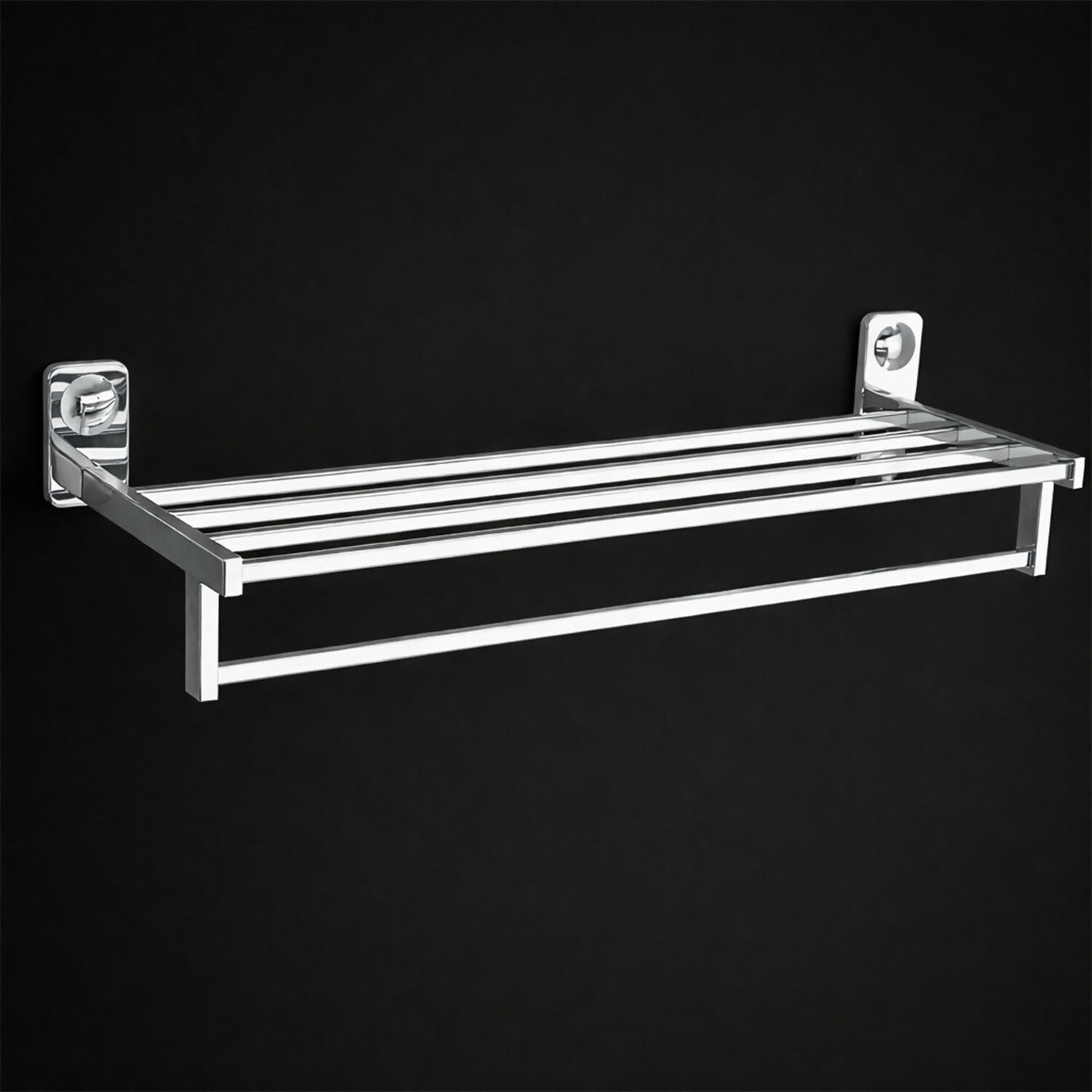 Towel rack installed on bathroom wall with folded towels view 4