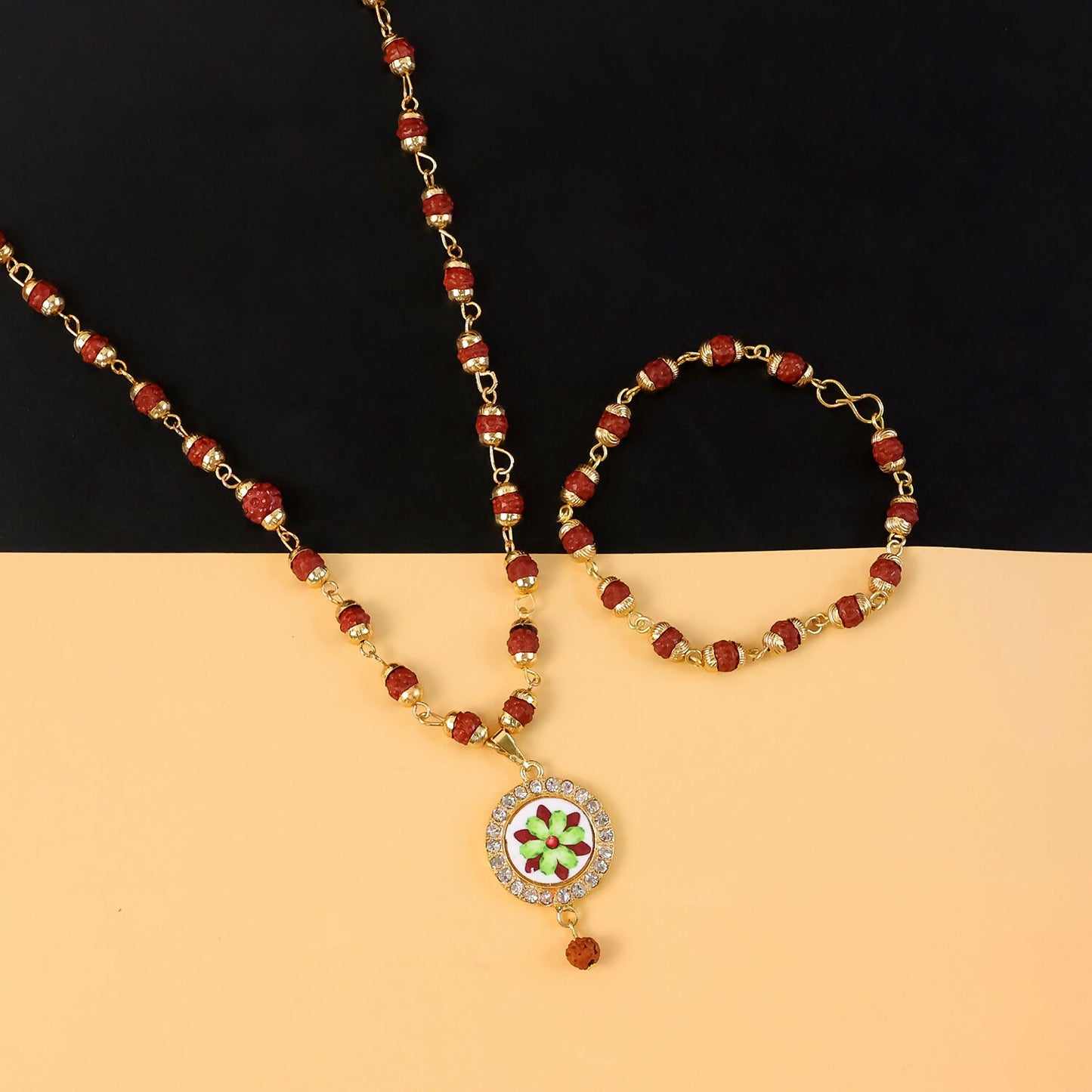 Rudraksha Necklace & Bracelet Set with Floral Pendant