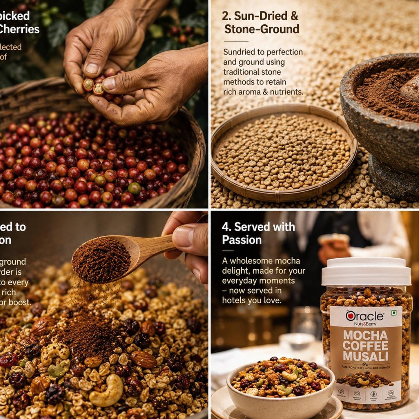 Close-up of the packaged Oracle Mocha Coffee Muesli showing ingredients.