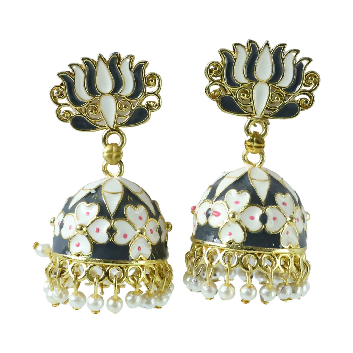 Grey lotus jhumka earrings showing pearl-style hanging beads