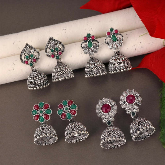Traditional Oxidised Silver Jhumka Earrings Combo Set for Women & Girls (Set of 4)