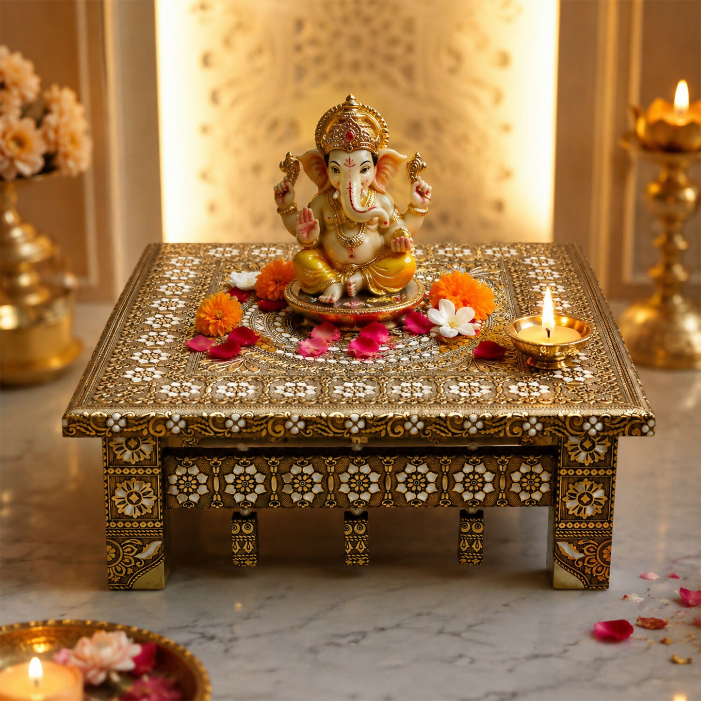Close-up of the handcrafted Gold Meenakari work on the decorative Pooja Chowki surface.