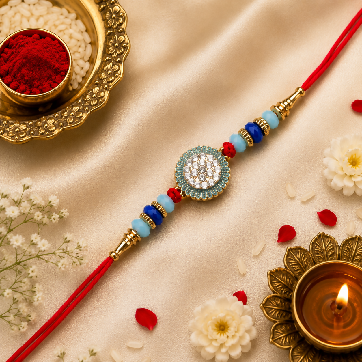 The red thread bracelet with its crystal-studded medallion and blue beads is displayed on a light gold satin fabric,