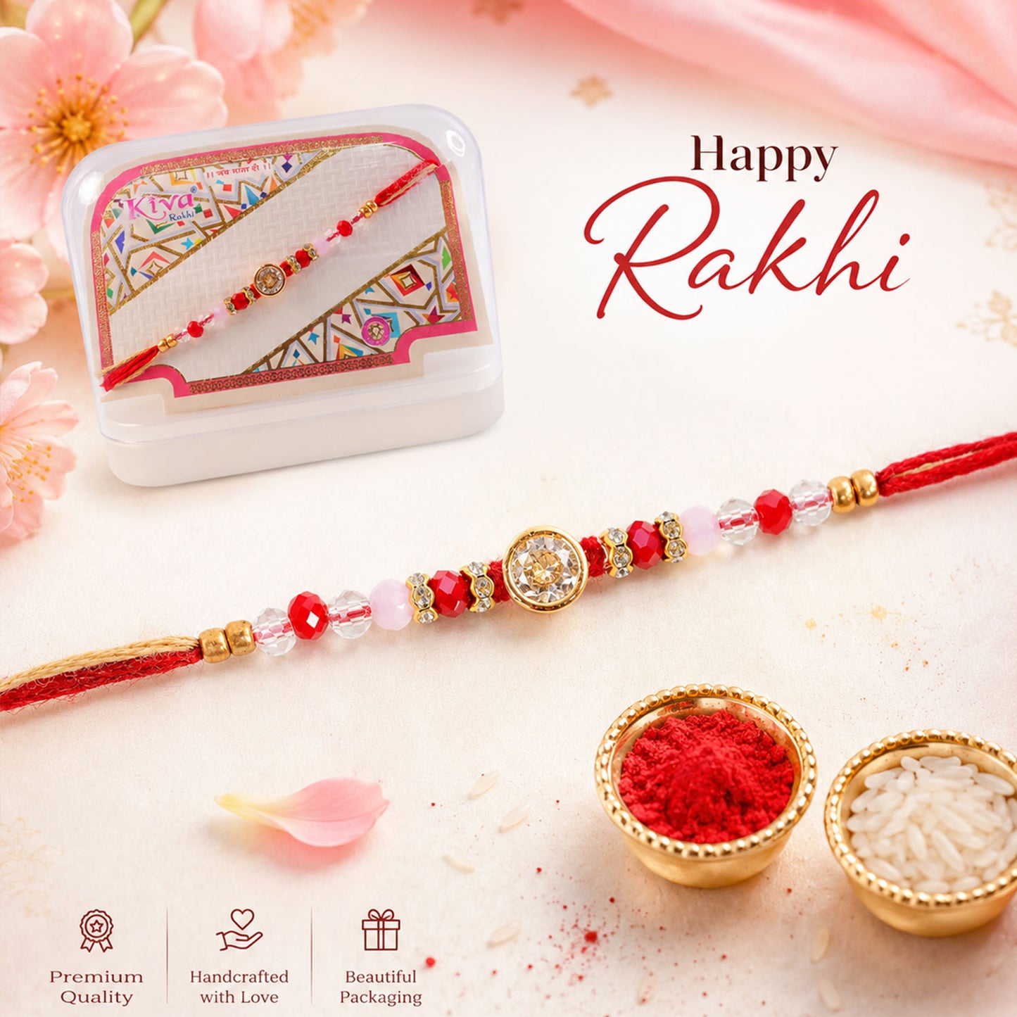 Sparkling AD Round Flower Designer Rakhi for Brother, Crystal Beads Gift