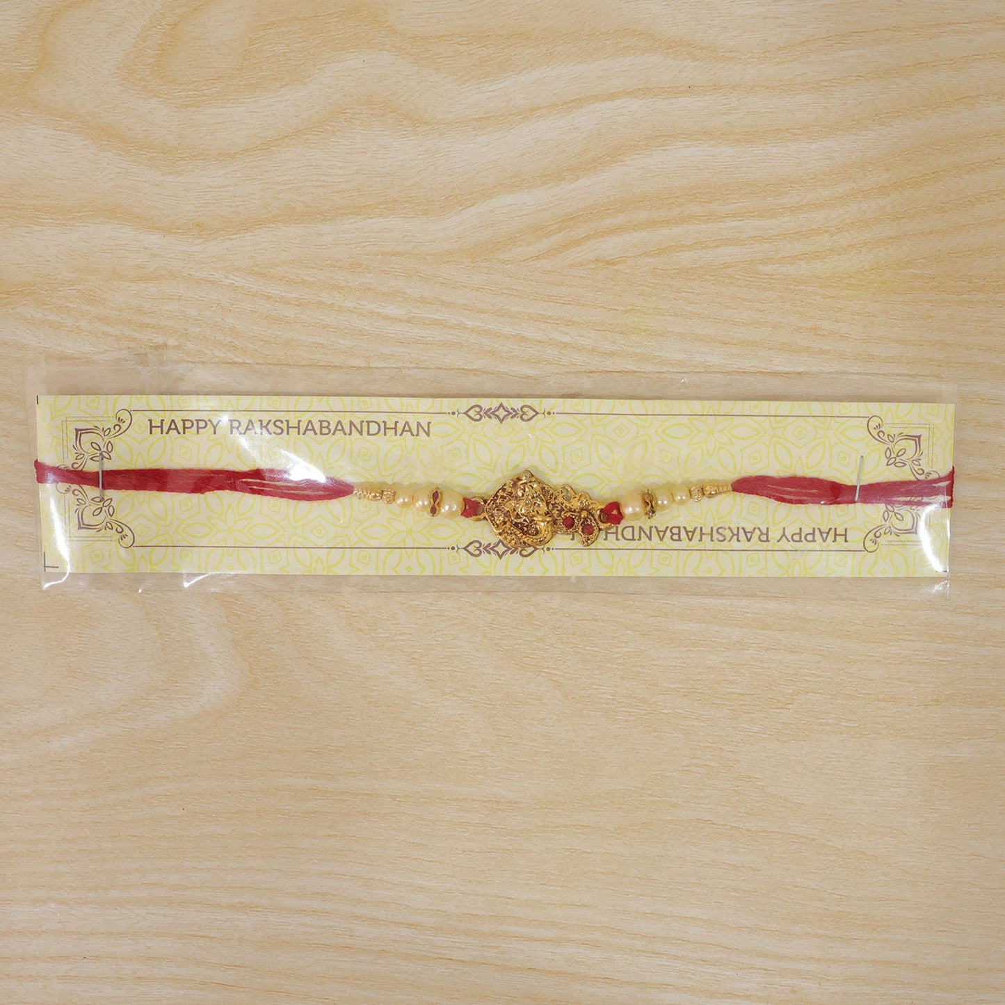 Golden Peacock Rakhi Pearl Beads & Red Thread for Brother on Raksha Bandhan (10pcs)