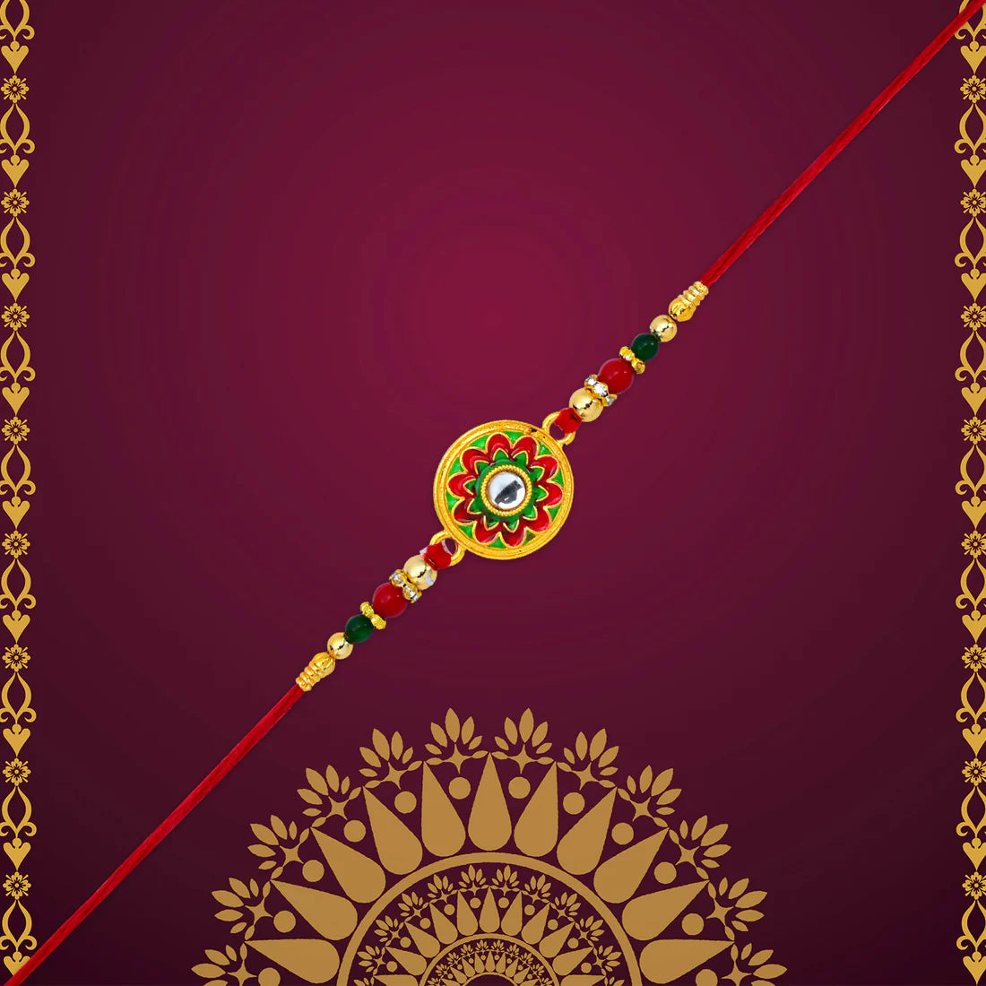 Close up of the colorful flower enamel detailing on the Kundan Rakhi.