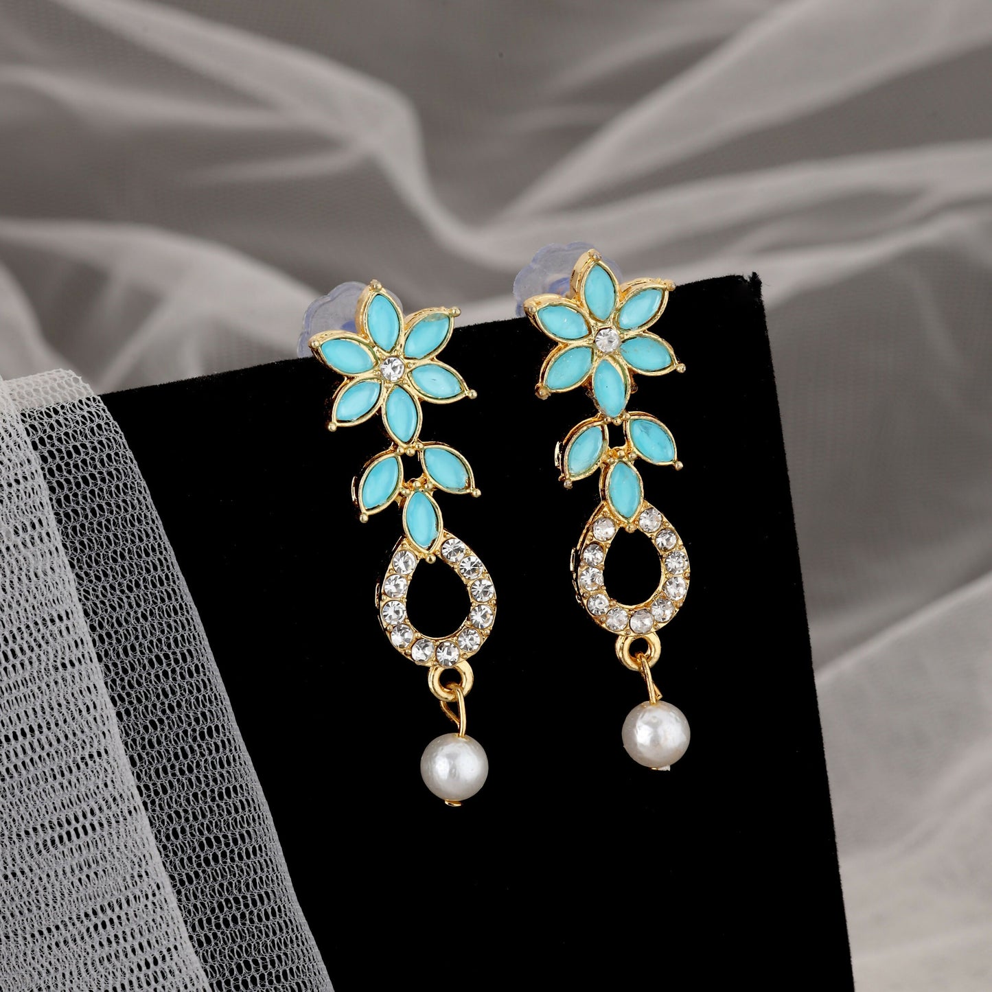 Gold-Plated Turquoise & Diamond-Look Floral Link Necklace Set