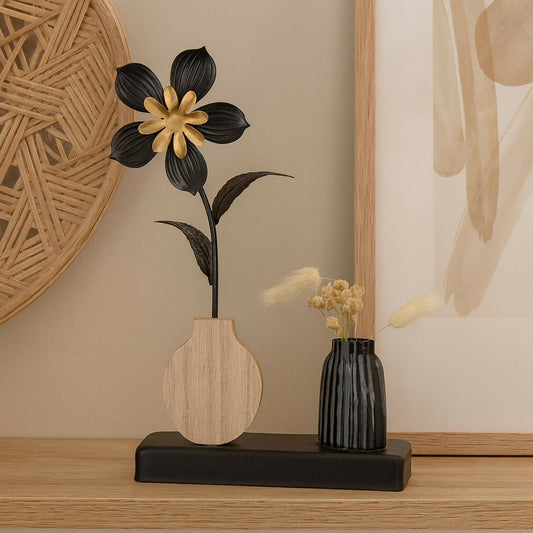 Elegant Metal Flower Showpiece with Wooden Base – Black & Gold Decorative Artificial Flower Vase for Home, Office, Living Room, Bedroom & Gifting Purpose