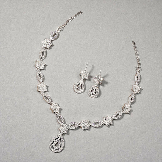 Elegant Crystal & Enamel Leaf Link Necklace Set with Pearl Drop (Multiple Colors)